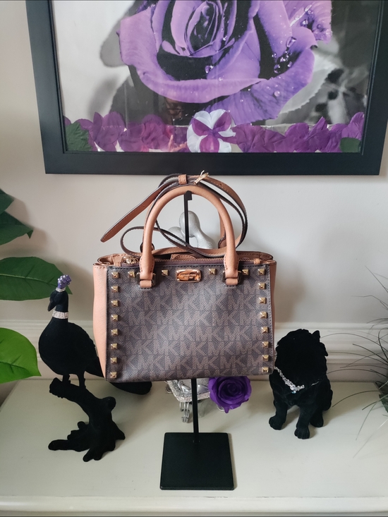 Michael Kors Handbags - Michael Kors Brown Logo Satchel with Tan Handles and Gold Studs